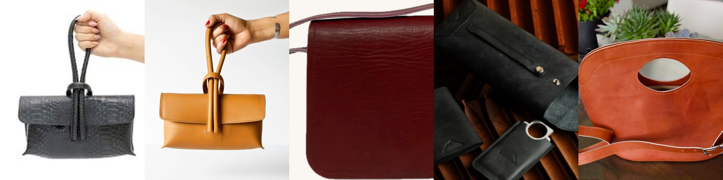 AKHAIA leather: knot clutches, a flap bag, and the Panama tote